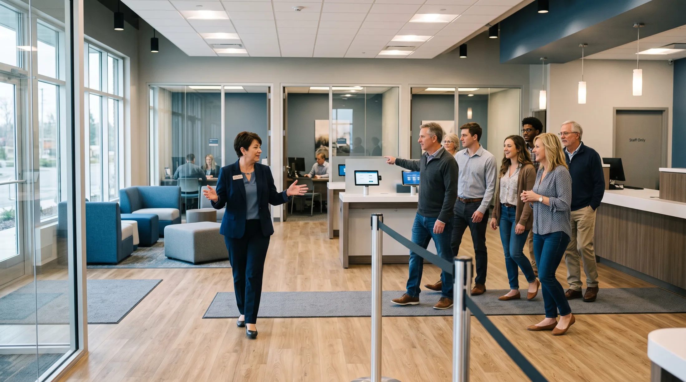 Guests touring a bank or credit union branch during an open house in Lyons (60546), Illinois