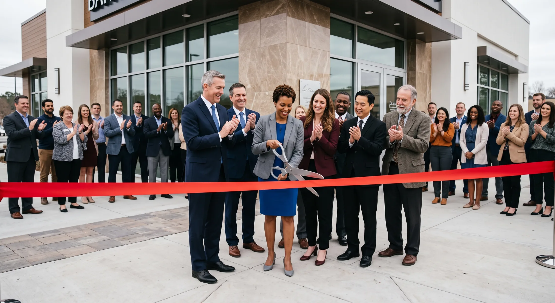 Bank and credit union ribbon cutting with executives and community leaders in Lyons (60546), Illinois