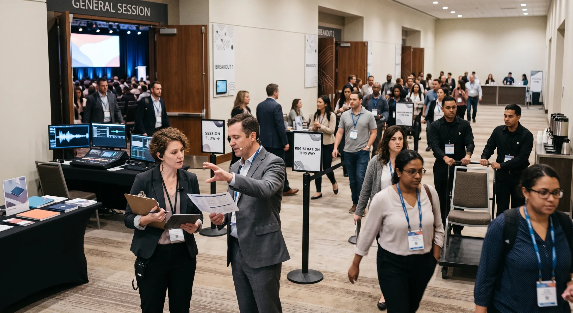Conference event operations coordinating speakers, breakout rooms, attendee flow, and venue details