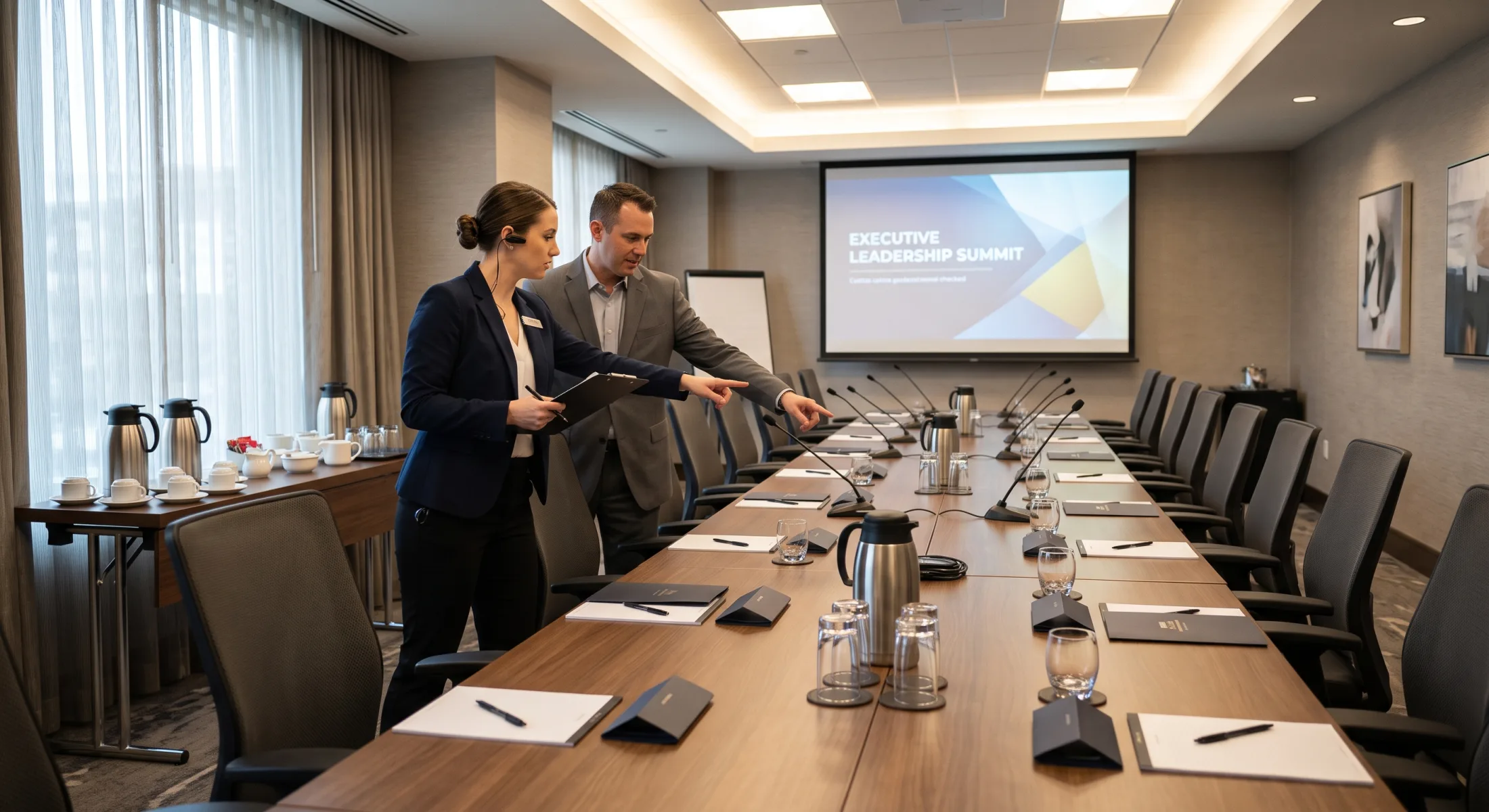 Executive corporate meeting room prepared for agenda, AV, hospitality, and leadership arrival