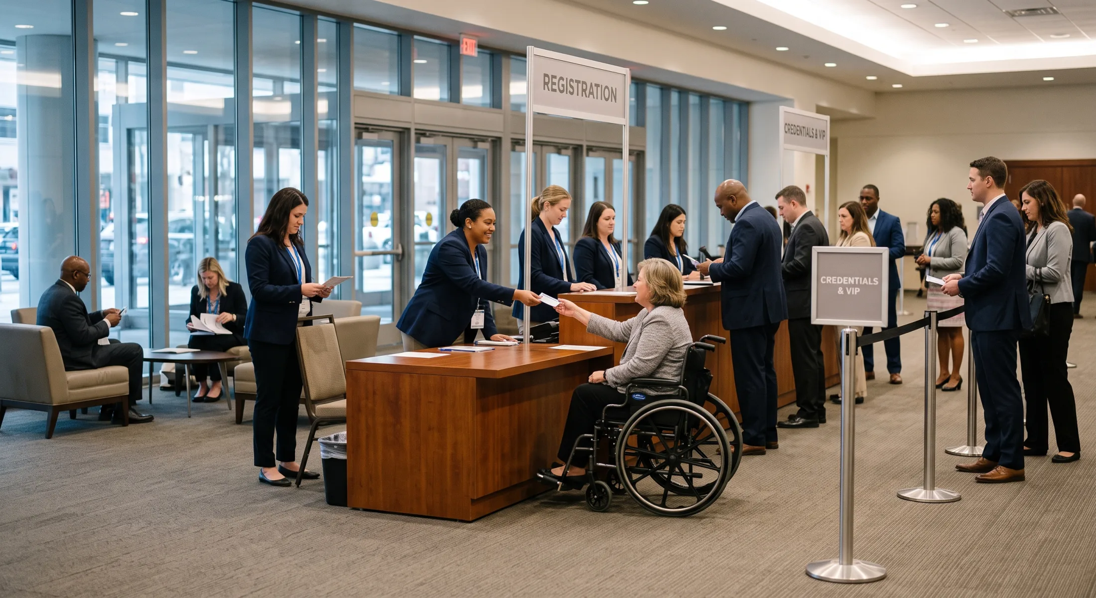 Registration accessibility and credentialed guest handling for a formal event in Greens Farms (06890), Connecticut