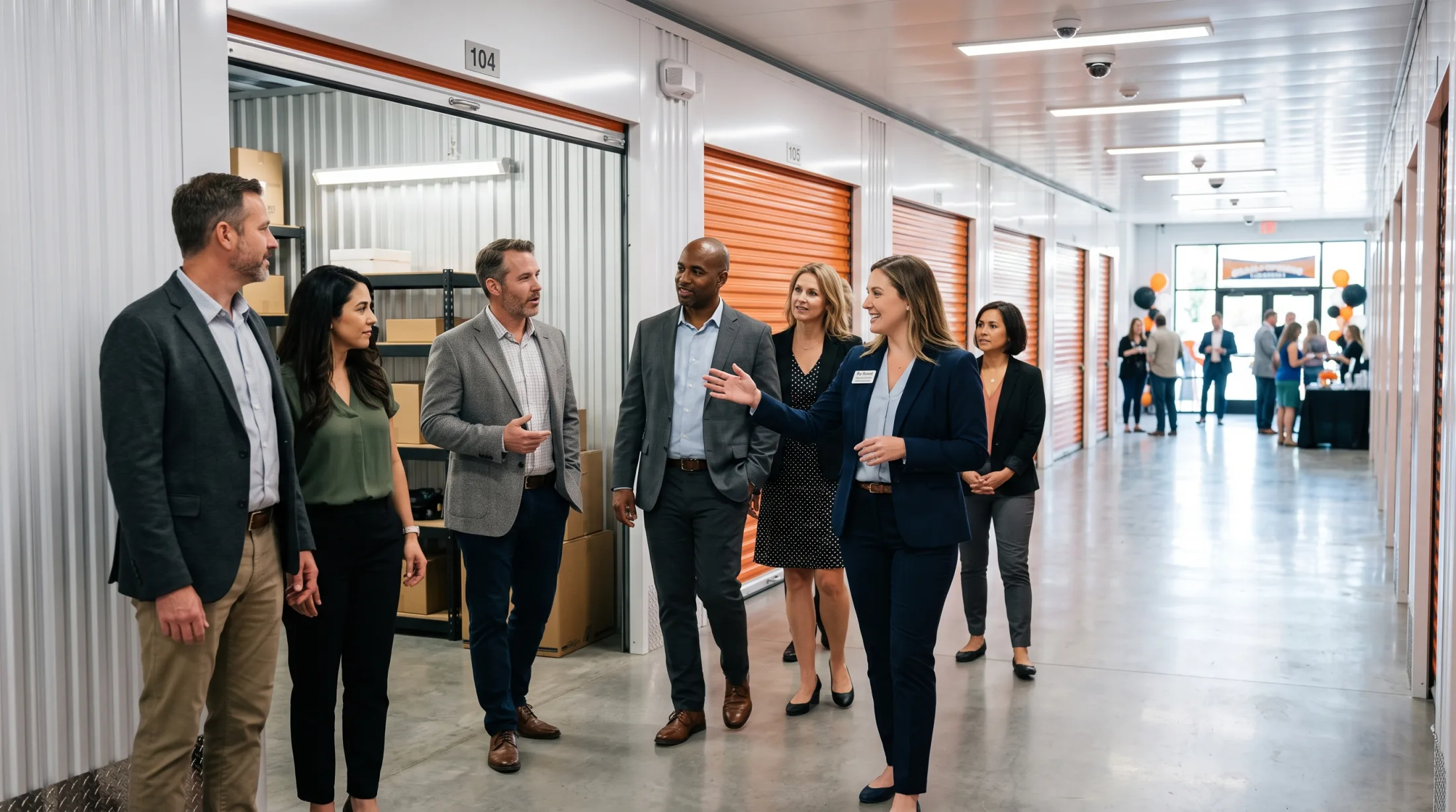 Guests touring a self-storage facility during a grand opening event in Floydada, Texas